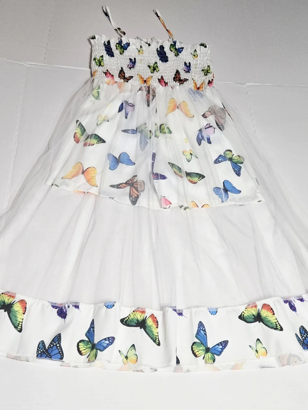 Girls Butterfly Mesh Overlay Romper Dress Size 11Y White Multicolor Summer Party